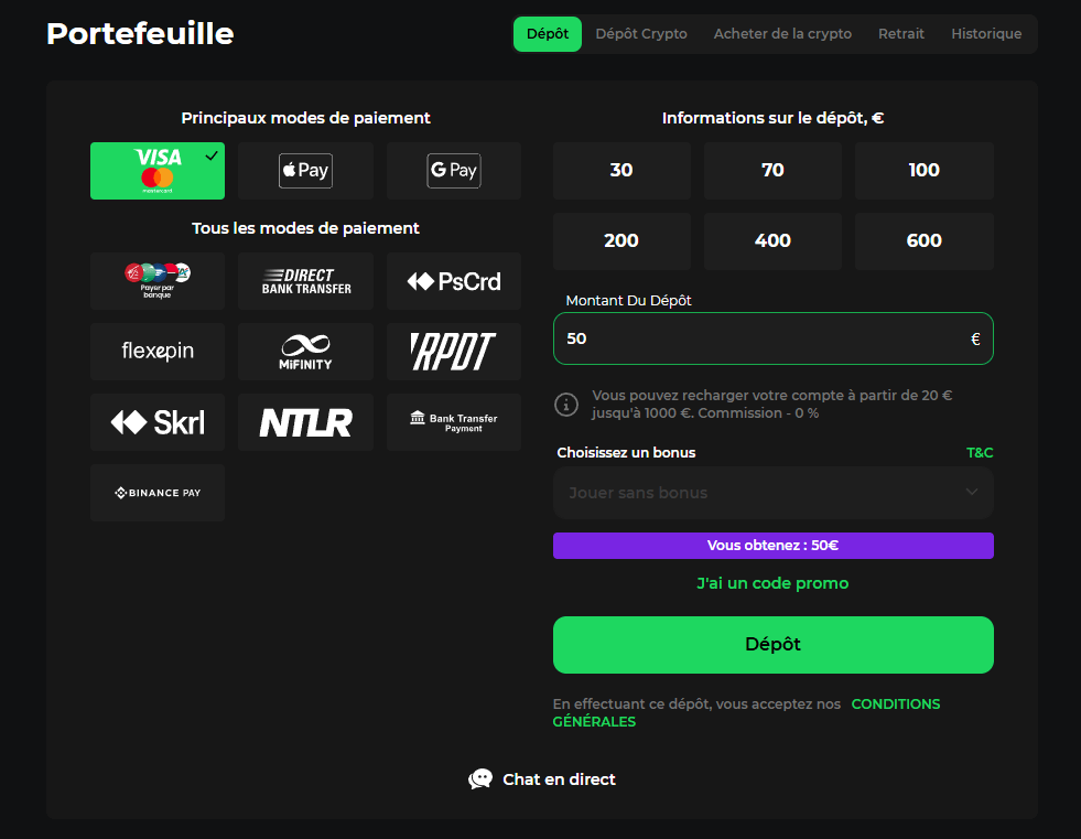 Interface de dépôt Betify